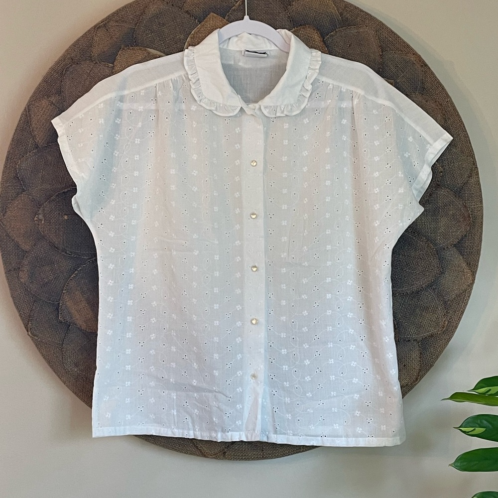 Orare Vintage White Eyelet Ruffled Collar Blouse - Gem